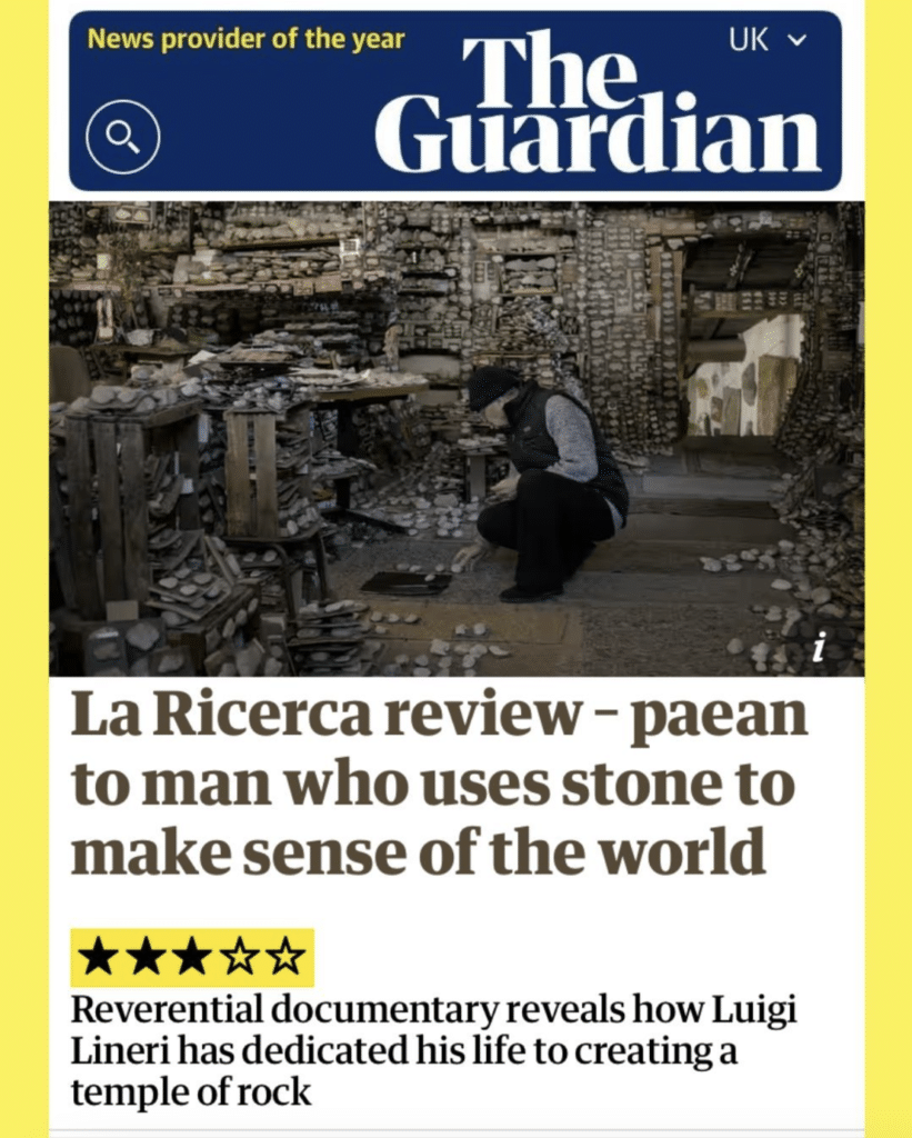 Screenshot from the Guardian displaying the review of the documentary "La Ricerca" by Giuseppe Ptruzzellis